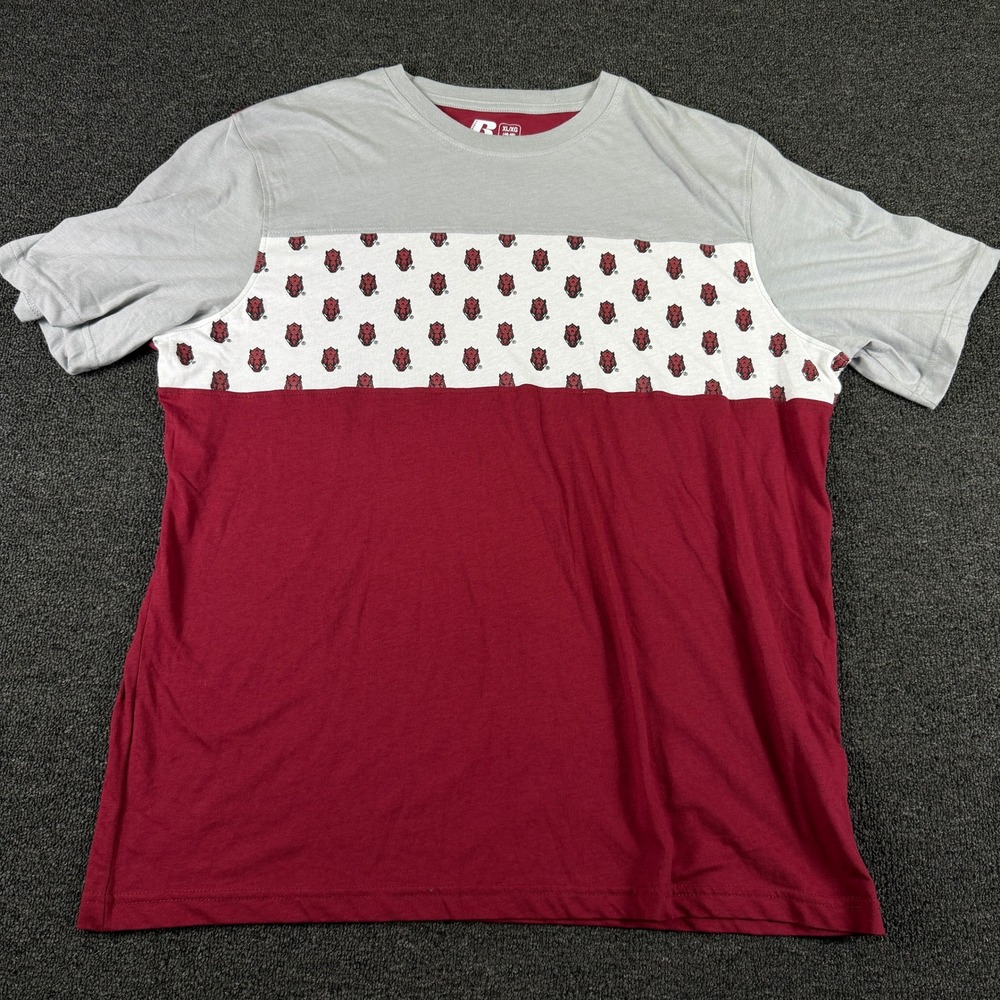 Arkansas Razorbacks T-Shirt Mens XL Red Grey NCAA Football Russell EUC